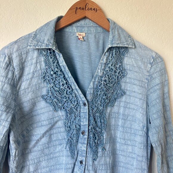 Reba Top Womens Small Blue Embroidered Lace Trim Studded Button Up Blouse S - Picture 7 of 10